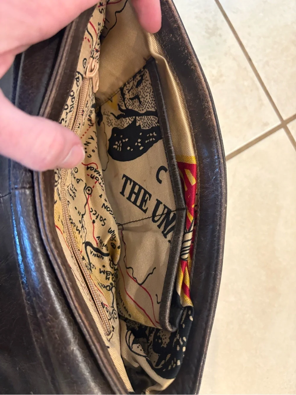 Distressed Brown Leather Foldover Clutch Wristlet with Map Print Lining
